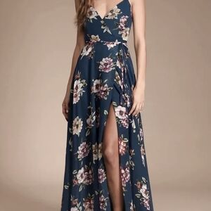 Lulu's Navy Floral Maxi Dress with Side Slit